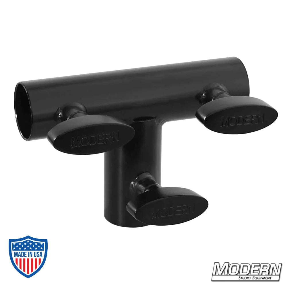 Black zinc tee for 1" round pipe with T-handles, used for adding 1" Speed-Rail® to frames for film grip and rigging by Modern Studio Equipment.
