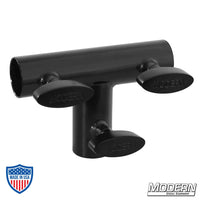 Black zinc tee for 1" round pipe with T-handles, used for adding 1" Speed-Rail® to frames for film grip and rigging by Modern Studio Equipment.