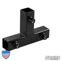 Black zinc tee for 1" square tube with set screws, enhancing strength for film grip and rigging on aluminum frames.
