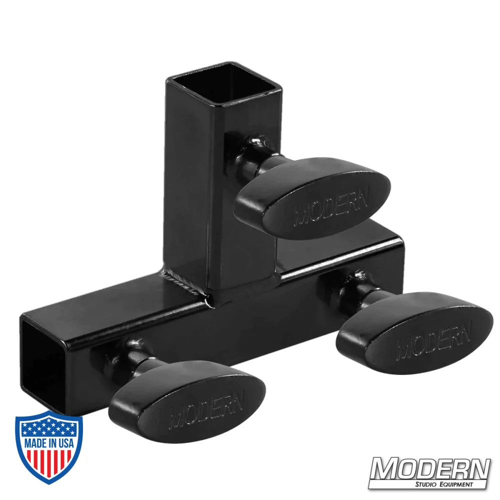 Tee for 1" square tube with black zinc finish and T-handles for film grip rigging and frame support.
