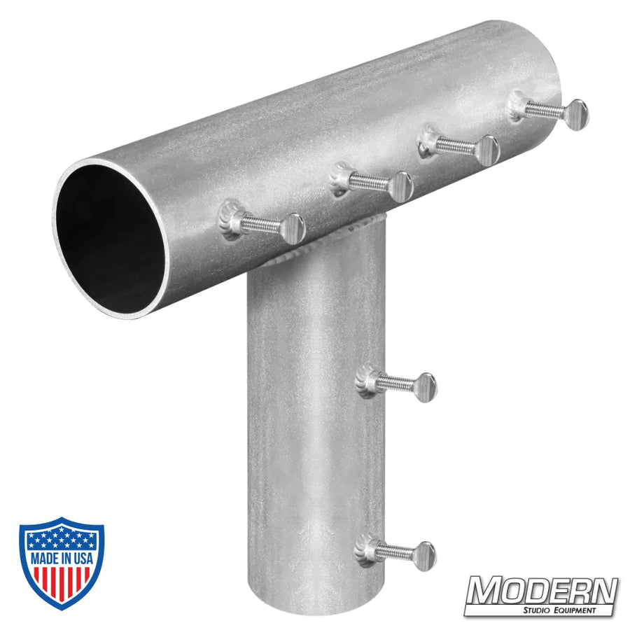 Tee for 4" irrigation pipe by Modern Studio Equipment, adding strength and support to frames for film grip and rigging