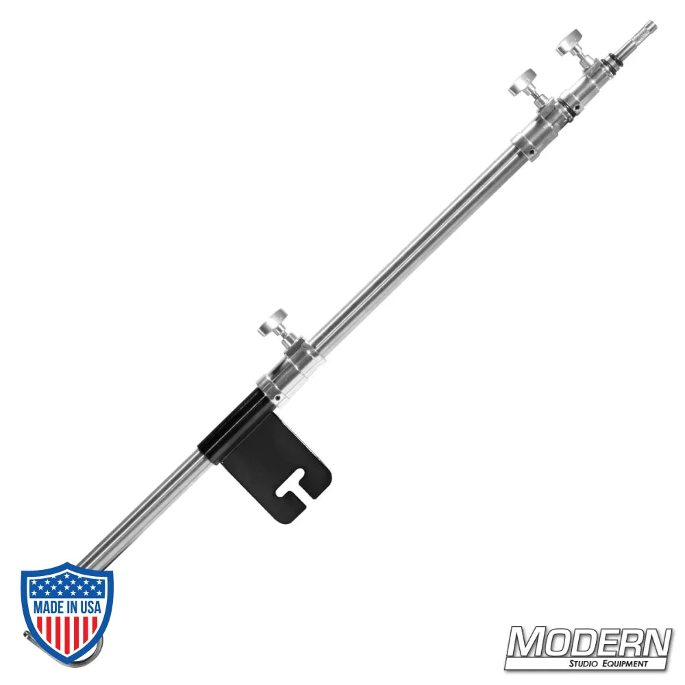 Telescoping Baby Boom Arm in black zinc finish with stainless steel hook for film grip rigging, stowed at 47.25" and extends to 112.75".