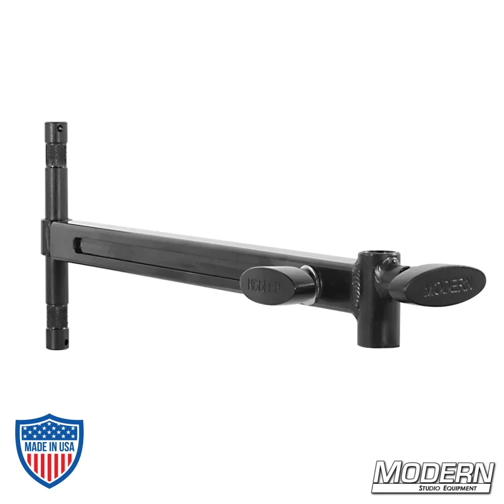 Telescoping Baby Offset Arm - Black Zinc with 5/8" pin and receiver for film grip rigging, extends from 15" to 26" for added adjustability.