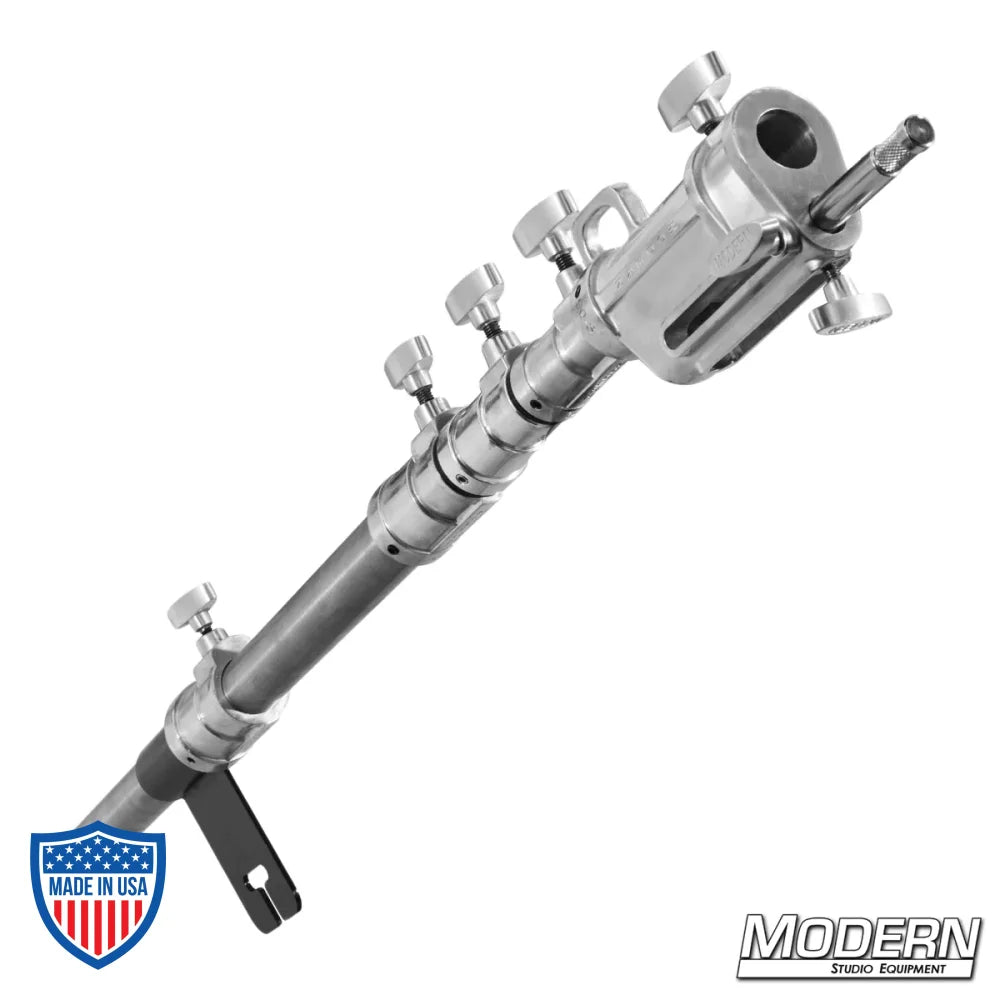 Telescoping Combo Boom Arm in black zinc for film grip and rigging, made from military grade stainless steel, fully extended at 150.5".