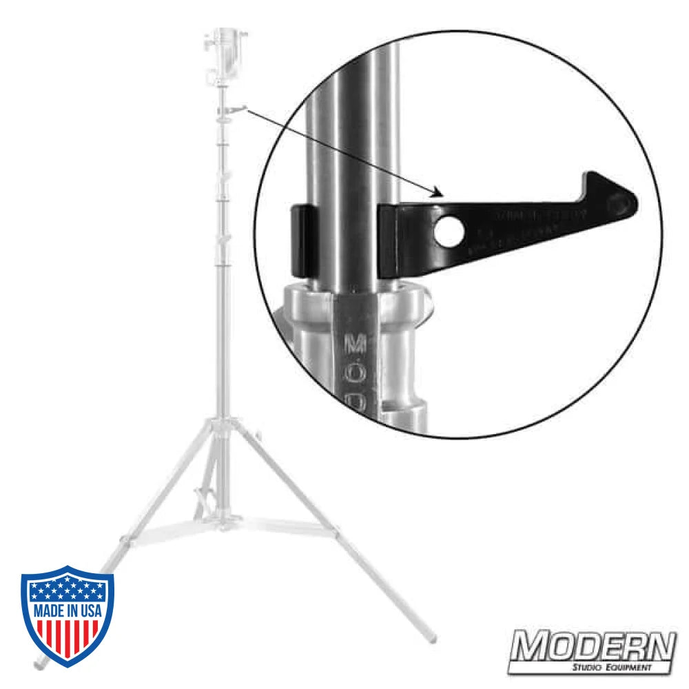 The Hangstuff 25 clip securely attached to a film grip rigging stand pipe, ideal for organizing and hanging equipment up to 25 lbs.