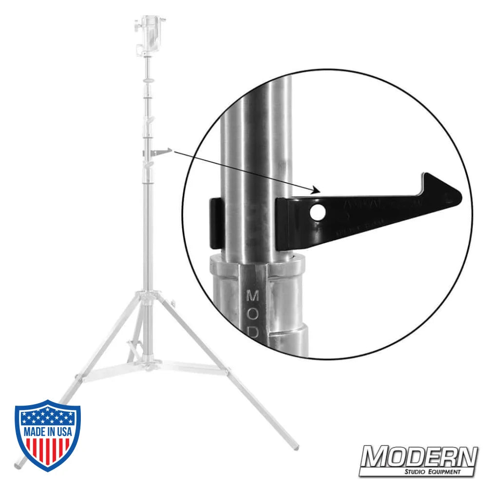 The Hangstuff 35 clip securely attached to a film grip rigging stand pipe.