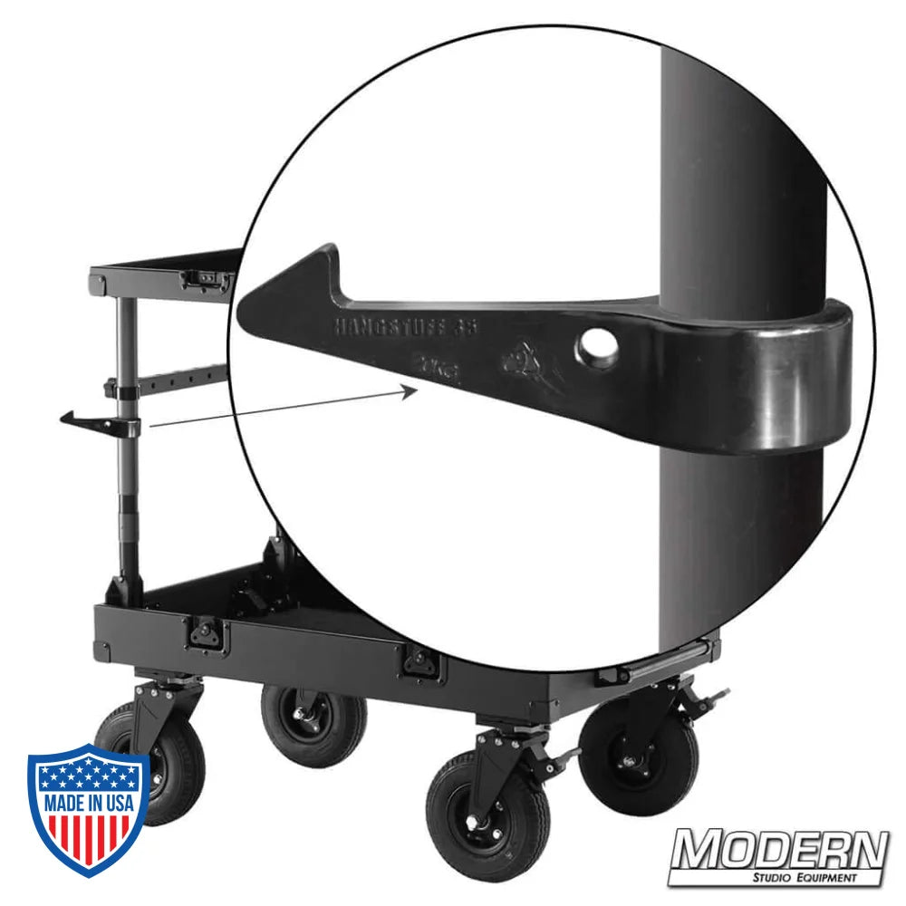 The Hangstuff 35 securely snapping onto cart frame, ideal for film grip rigging, creating extra space for hanging items up to 35lbs.