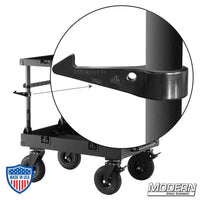 The Hangstuff 35 securely snapping onto cart frame, ideal for film grip rigging, creating extra space for hanging items up to 35lbs.