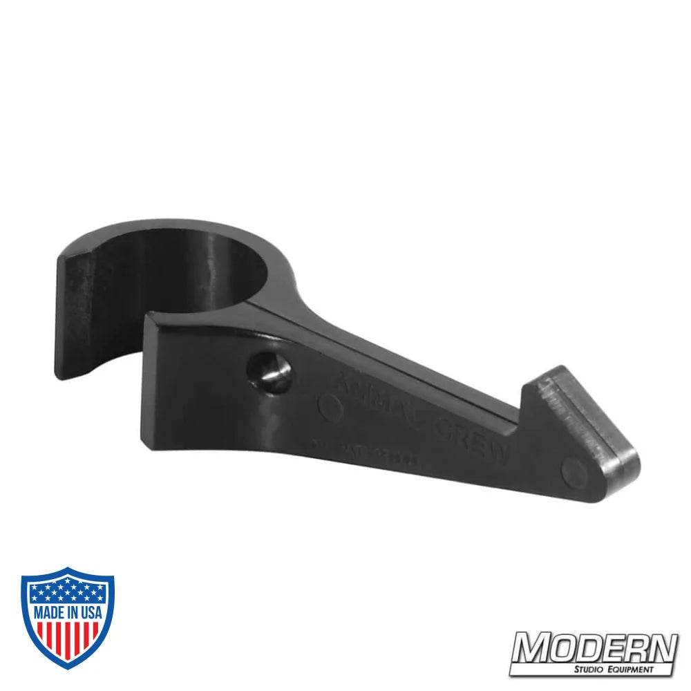 Hangstuff 35 clip for film grip and rigging, designed to securely hang items on pipes with a 1-1/2" OD, supporting up to 35 lbs.