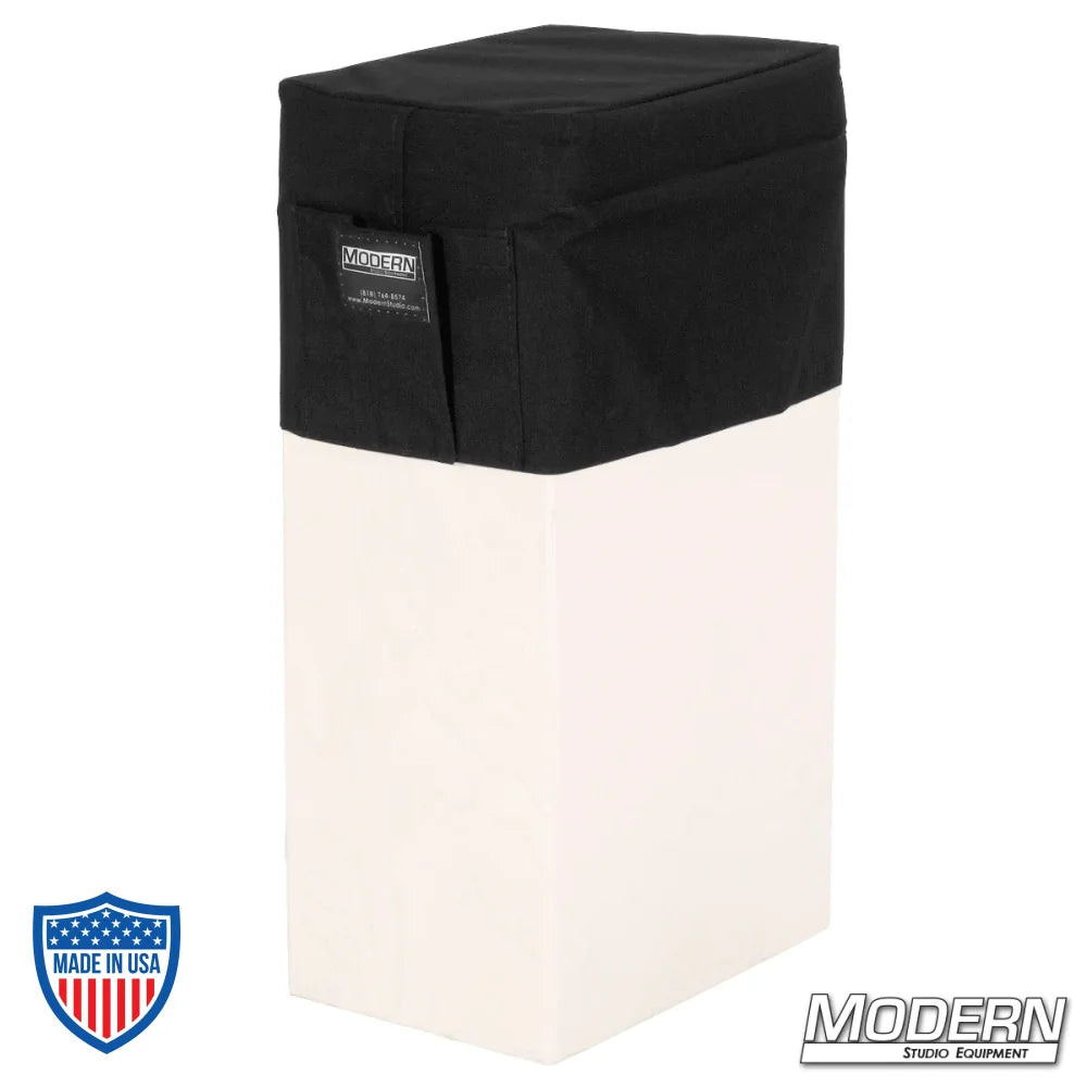 Vertical Apple Box Seat Cover with Pocket on Full Apple Box for film grip and rigging, made from padded Cordura 1000 water-repellent fabric.