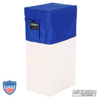 Vertical Apple Box Seat Cover with Pocket in blue Cordura fabric for film grip and rigging, adding comfort and durability on set.