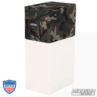 Vertical Apple Box Seat Cover with Pocket in camo design for film grip and rigging, made with Cordura 1000 fabric for durability and comfort.