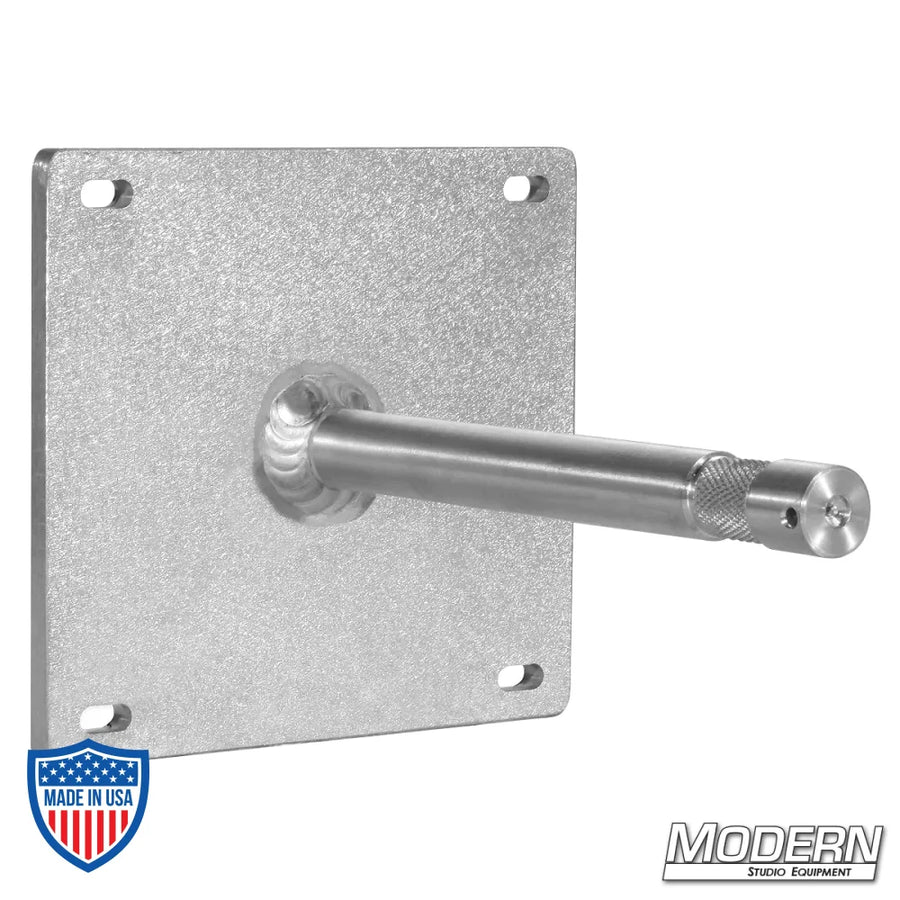 VESA 100 x 100 monitor mount plate with mounted 6" baby pin for film grip rigging, without grip head.