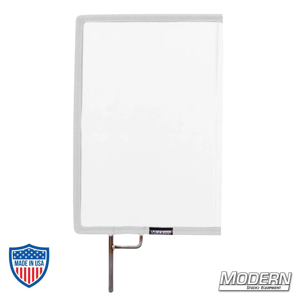 White artificial 1/4 stop silk scrim on stainless steel open-end frame for film grip and rigging.