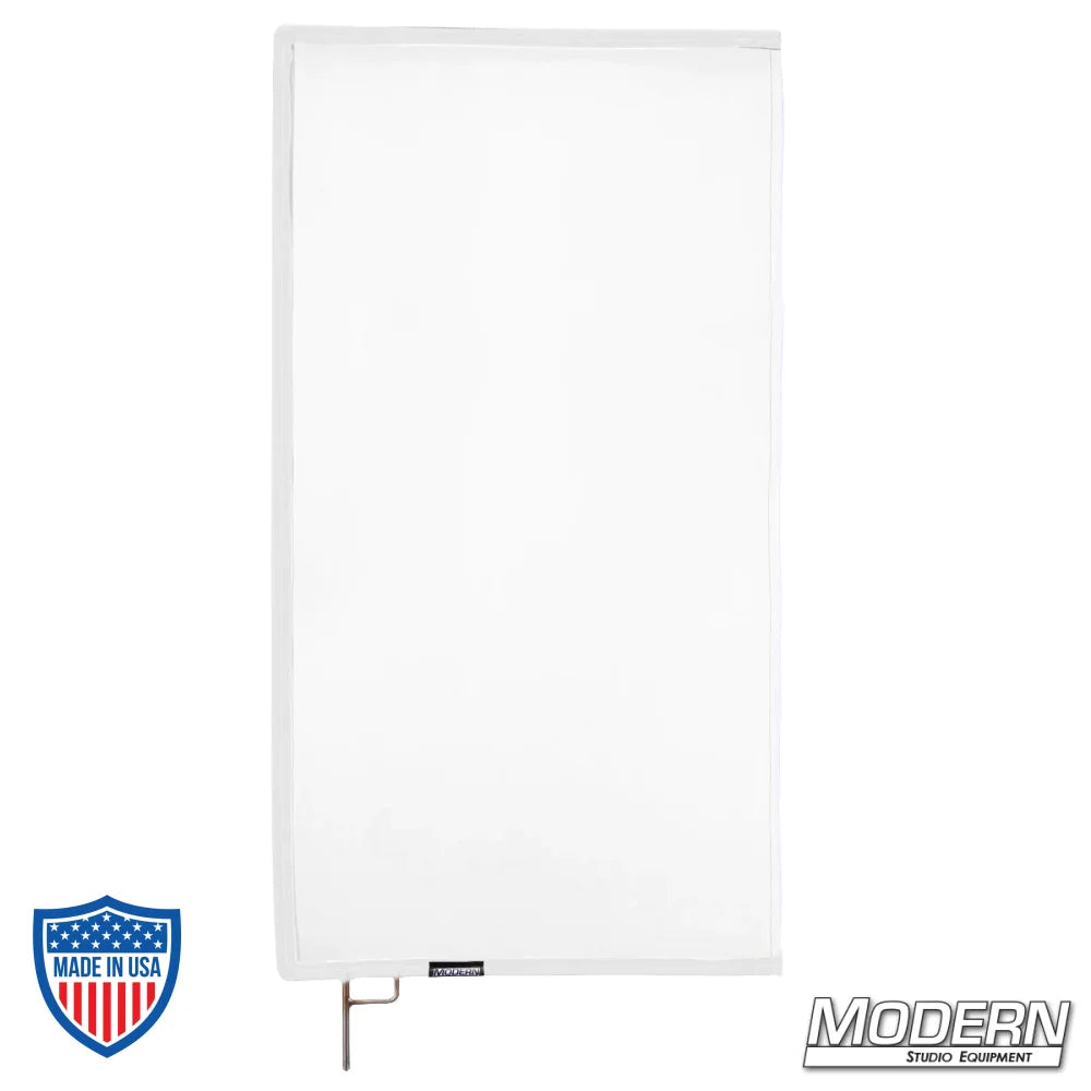 White artificial 1/4 stop silk scrim on 304 military-grade stainless open-end frame for film grip and rigging.