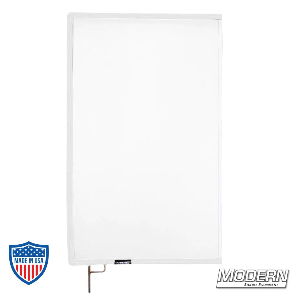 White artificial 1/4 stop silk scrim on 304 stainless open-end frame for film grip and rigging applications