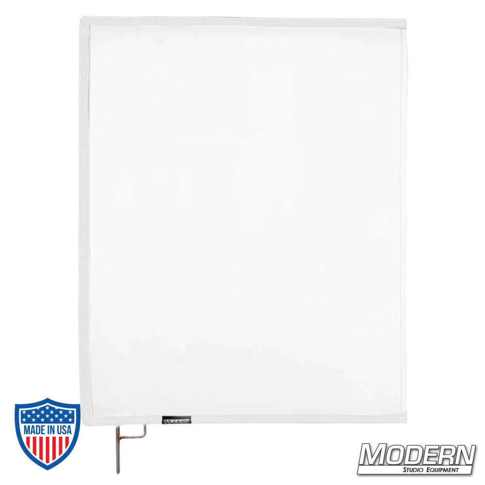 White artificial 1/4 stop silk scrim on 304 military-grade stainless open-end frame for film grip rigging.