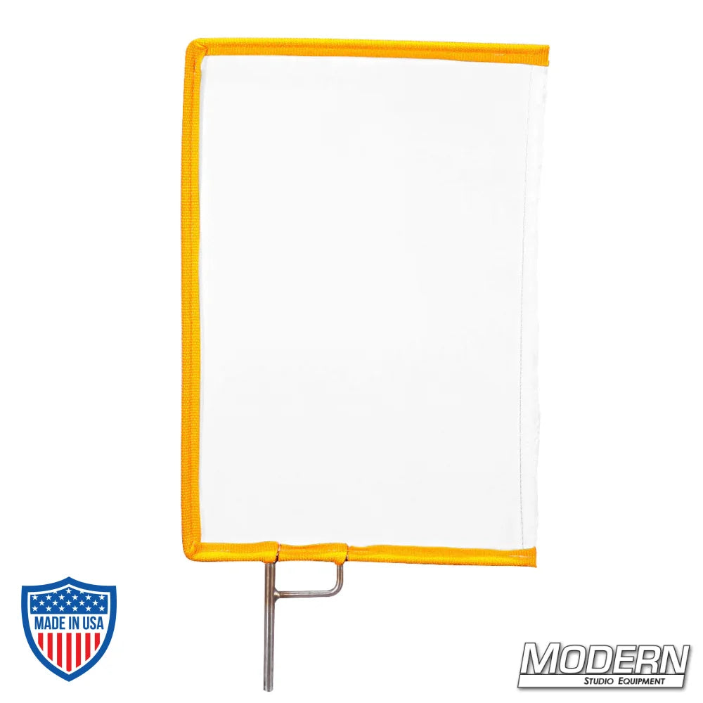 White artificial silk scrim on 304 stainless open-end frame for film grip and rigging.