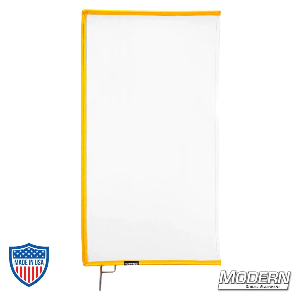White artificial silk scrim on a 304 military-grade stainless open-end frame for film grip and rigging, diffusing and reducing light.