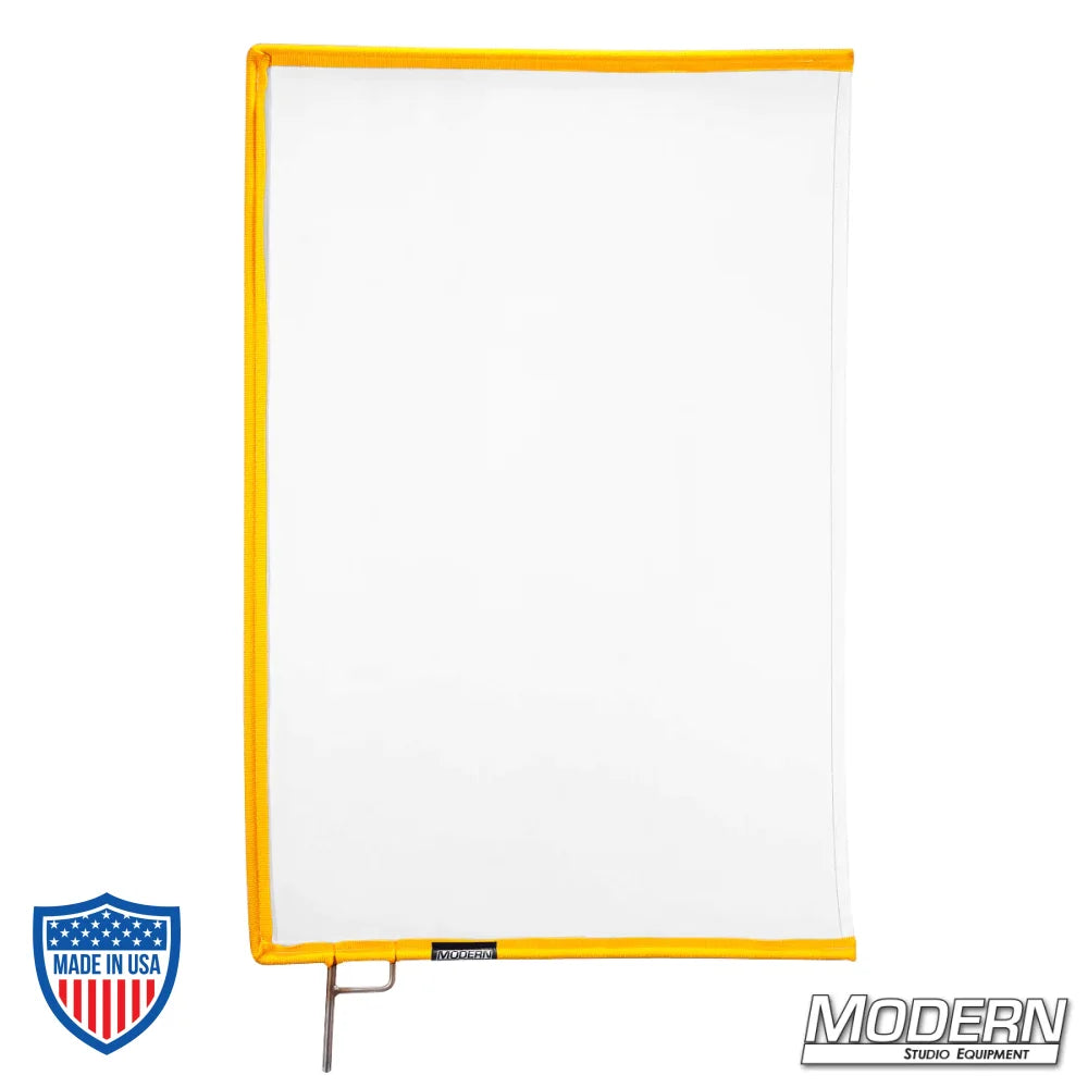 White artificial silk scrim with yellow frame for film grip and rigging, designed to diffuse light and reduce reflectance on set.
