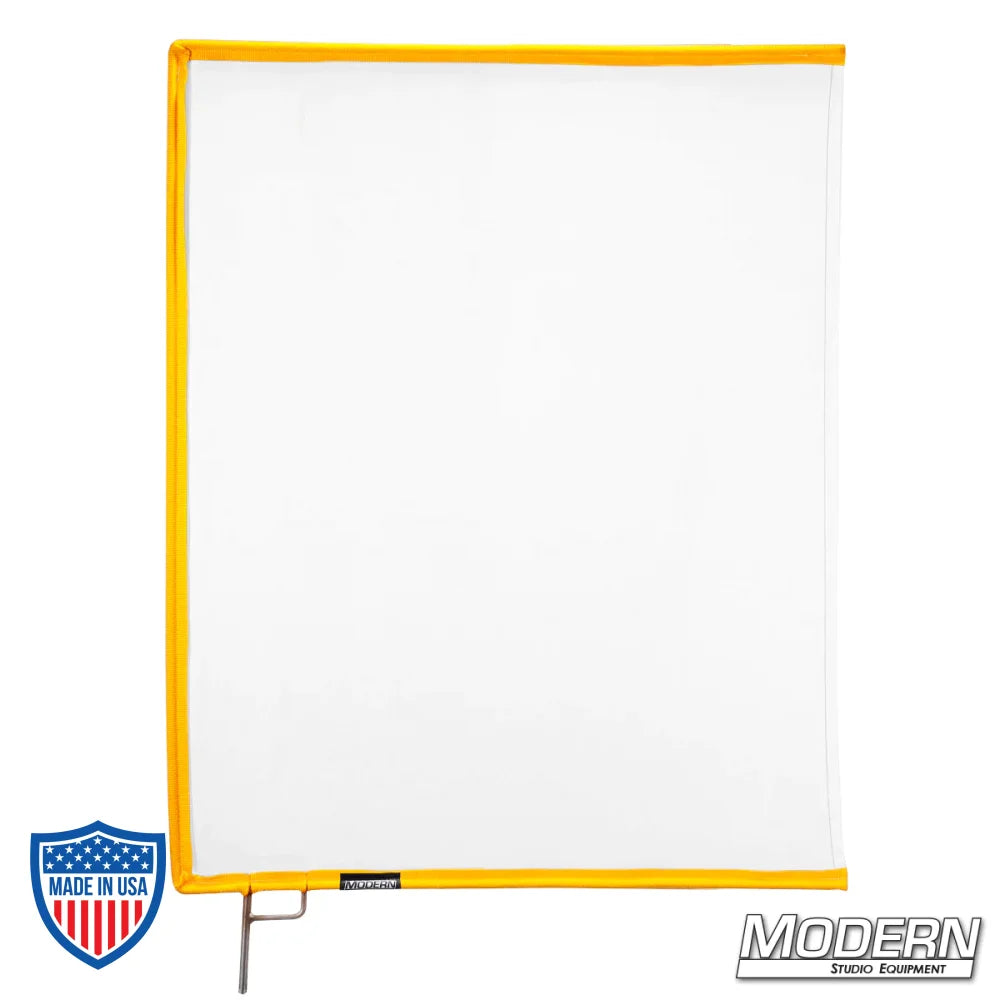 White artificial silk scrim on 304 military-grade stainless open-end frame for film grip and rigging applications.