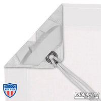 White blackout textile with grommets and ties for film grip rigging, includes storage bag. Opaque and blocks 110% of light.