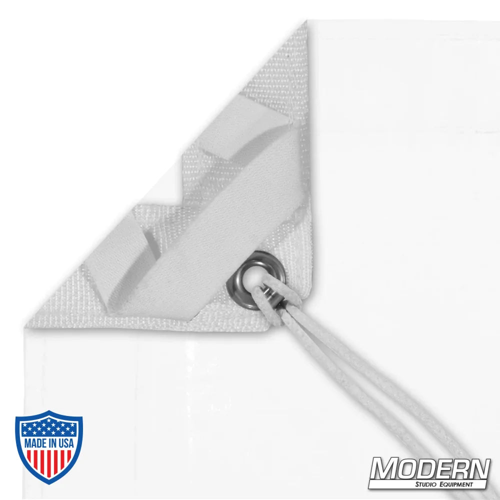 White China Silk textile with webbing, grommet, and tie detail, designed for film grip and rigging, includes labeled storage bag.