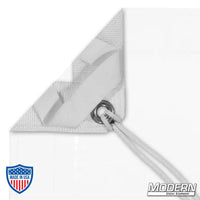 White China Silk textile with webbing, grommet, and tie detail, designed for film grip and rigging, includes labeled storage bag.