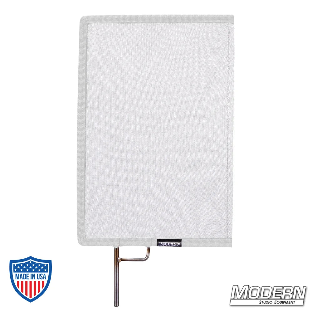 White Single Scrim with stainless steel frame for film grip rigging. Reduces lighting by 0.5 stop, adding bounce without altering color temperature.