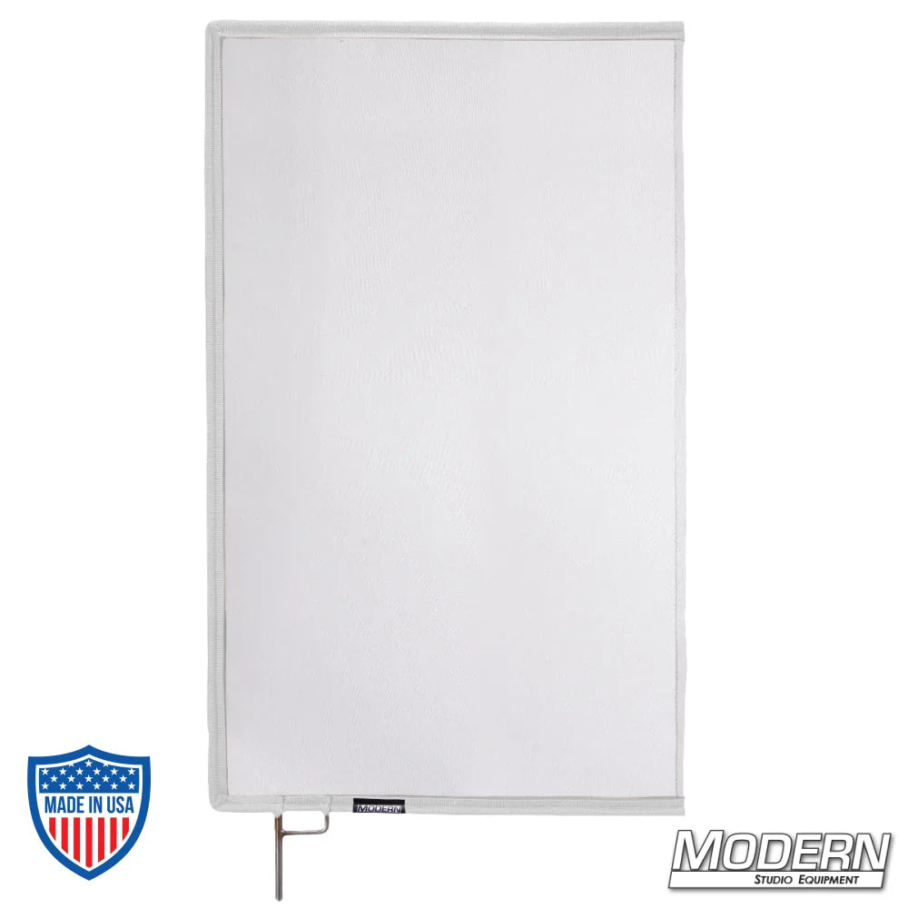 White Single Scrim with open-end stainless steel frame for film grip and rigging, reduces lighting without altering color, adds bounce