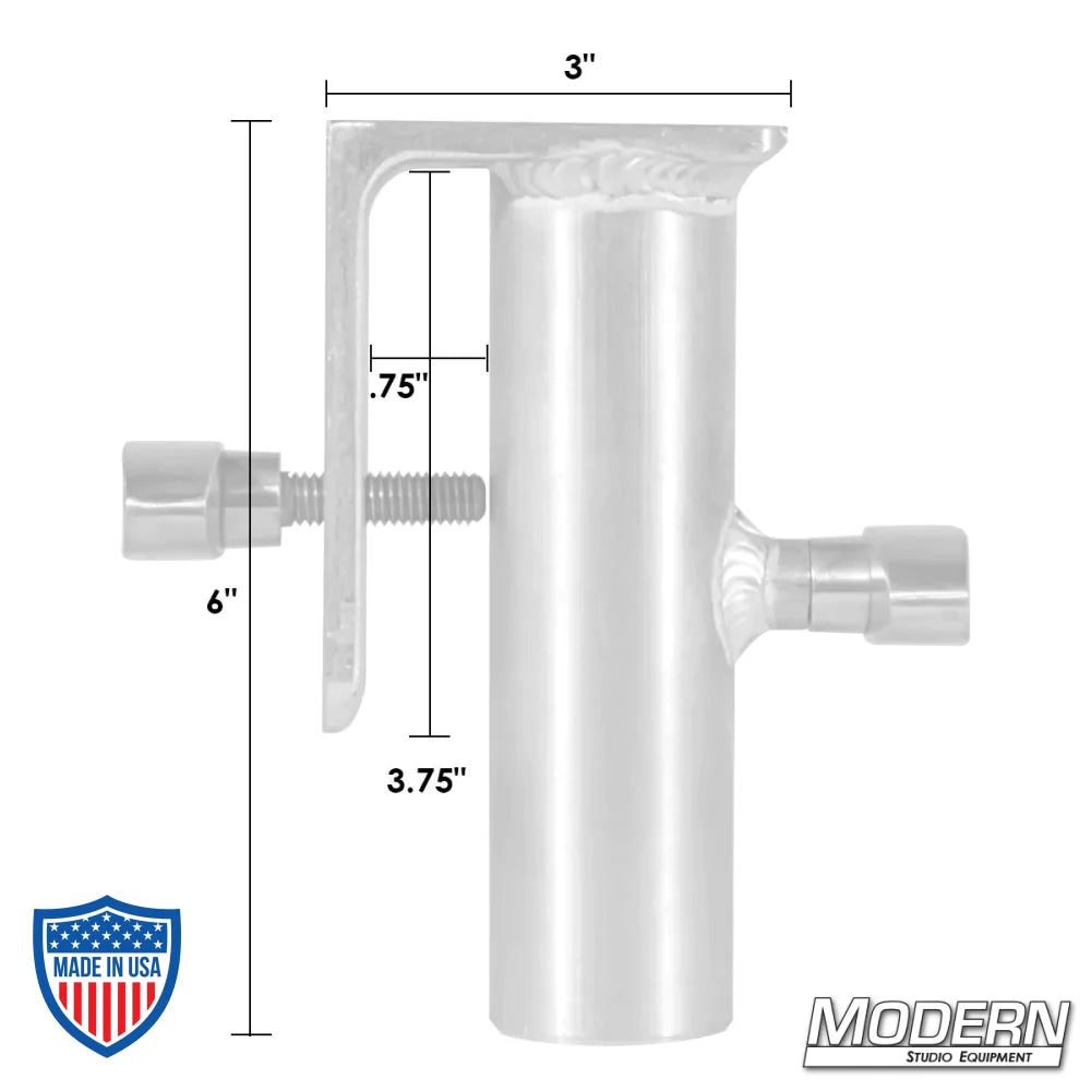 Vertical holder with dimensions from Modern Studio Equipment for film grip and rigging.