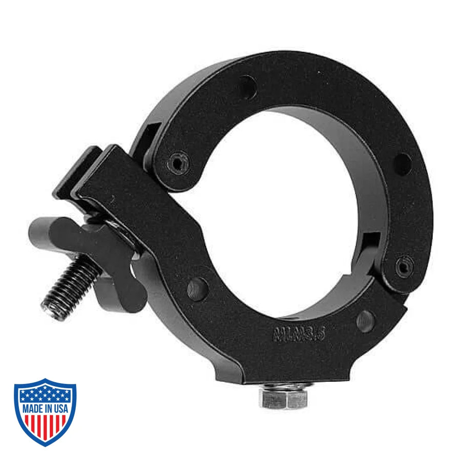 Monstro-Coupler 3-1/2" for film grip rigging, black CNC machined clamp for 3" pipes, aircraft-grade aluminum, narrow application range.