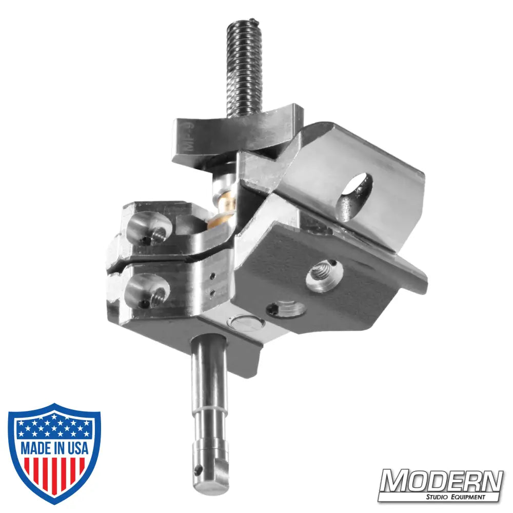 MP-9 film rigging clamp with 5/8" baby pin in nine positions for diverse grip and rigging solutions.