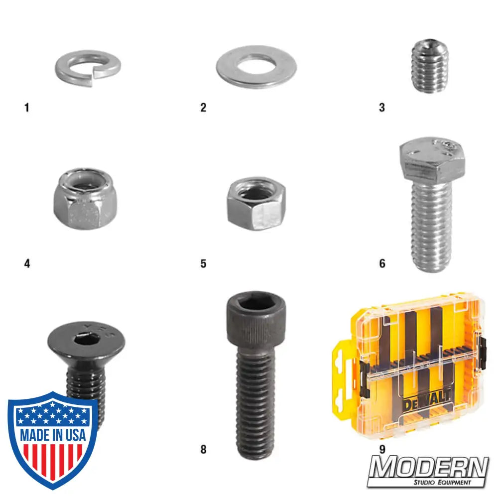 Nuts and Bolts Assortment Kit in DeWalt® ToughCase, featuring various screws, nuts, washers, and a connectable system, ideal for film rigging and grip.