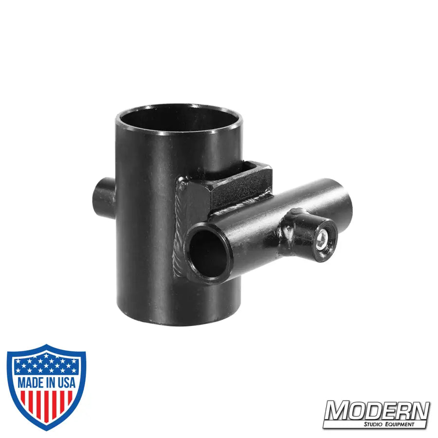 Pipe cross bracket for 1-1/4-inch to 5/8-inch rods in black zinc finish with set screws for Speed-Rail film grip rigging applications.