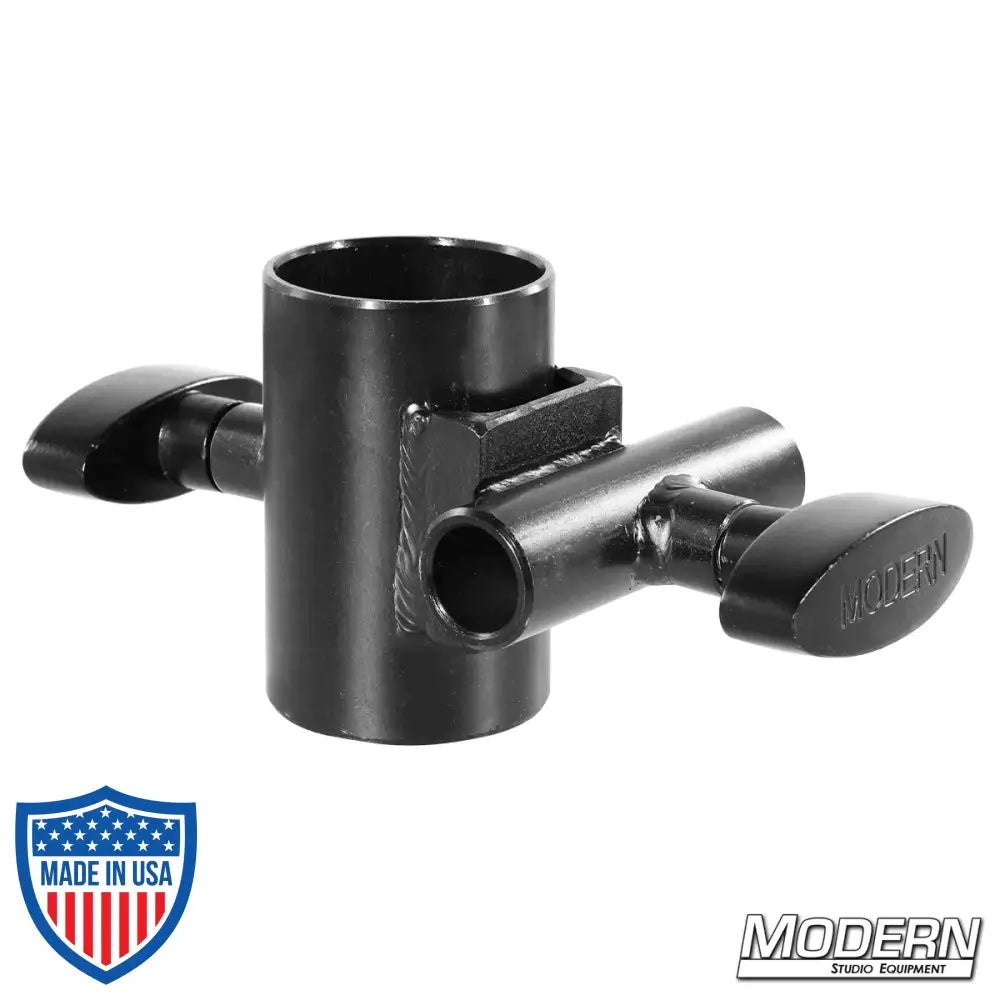 Black Zinc Pipe Cross with T-Handles for 1-1/4-inch to 5/8-inch film grip rigging.