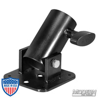 Pipe Rocker Receiver for 1-1/2-inch Speed-Rail® with T-Handle, ideal for film grip rigging, black zinc finish on pivoting flat plate