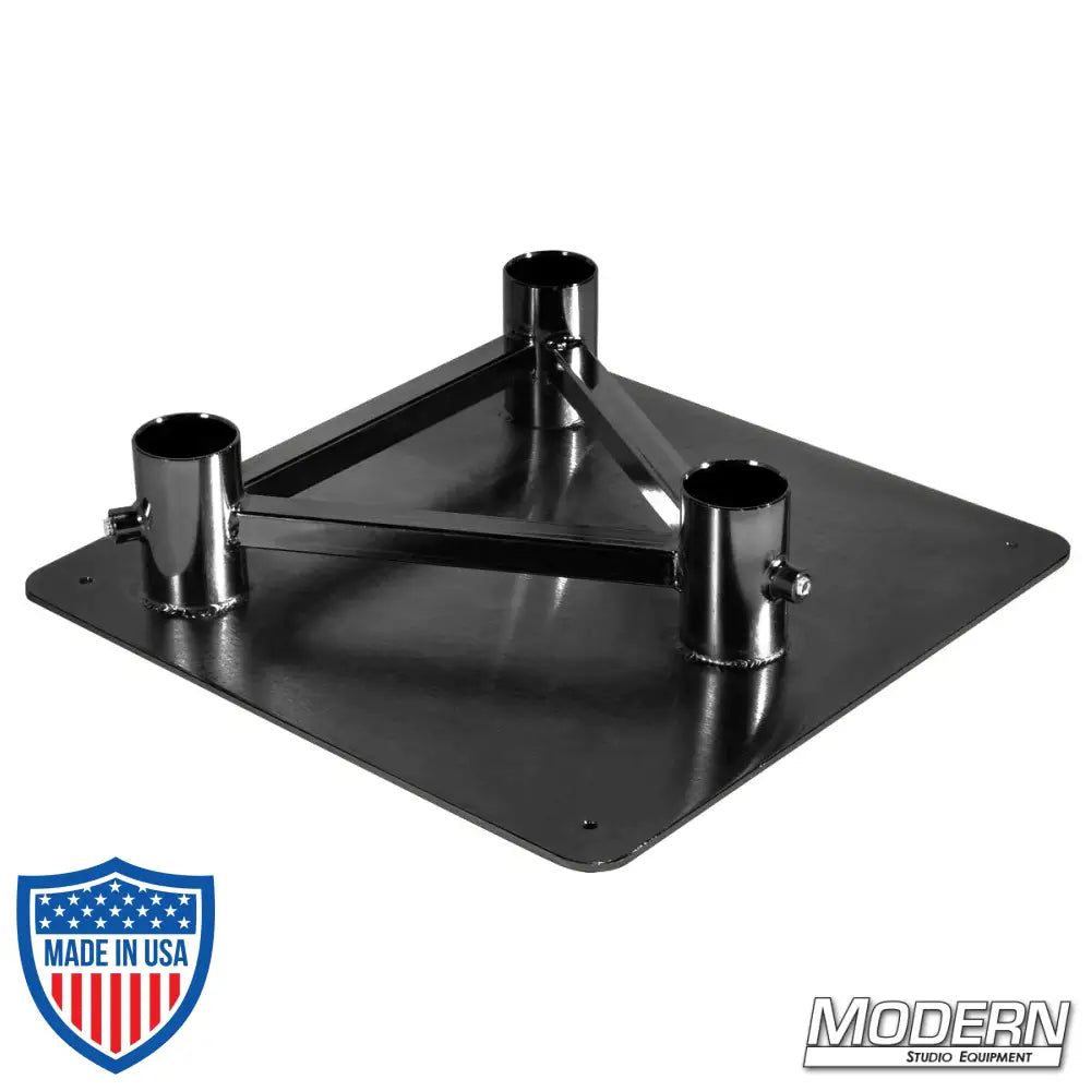 Steel pipe truss base for 1-1/4-inch Speed-Rail, measuring 14x14 inches, ideal for film grip rigging