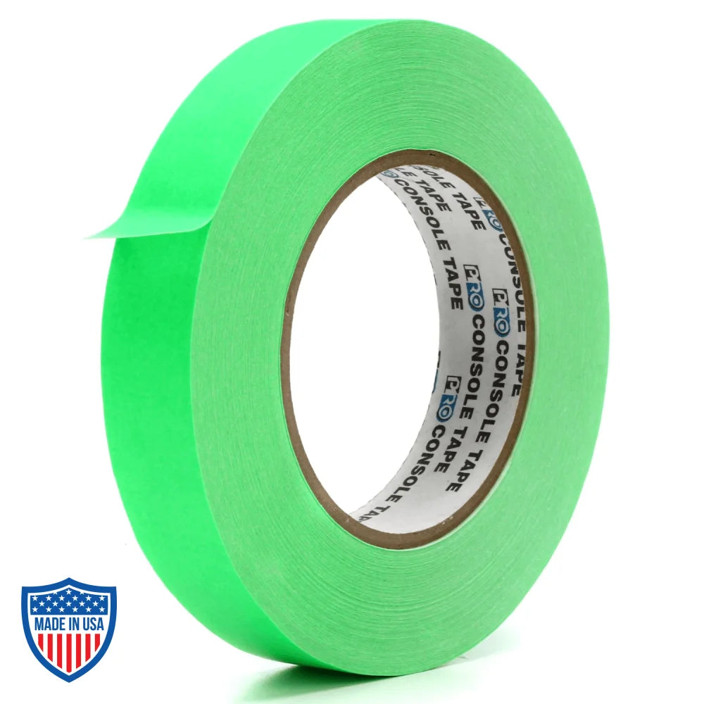 Pro Console Tape 1" x 60yd green for color coding, film grip, and rigging. Premium flatback paper tape with clean removal.