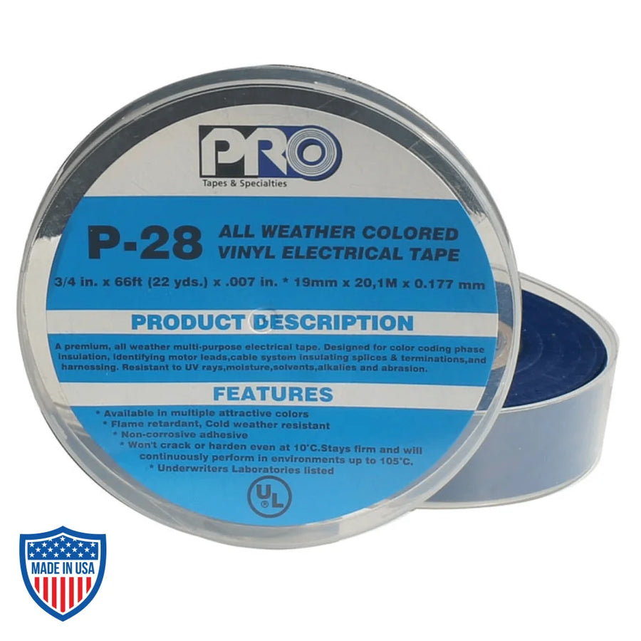PRO P-28 boxed vinyl electrical tape for film grip and rigging, with good chemical and solvent resistance, ideal for outdoor use.