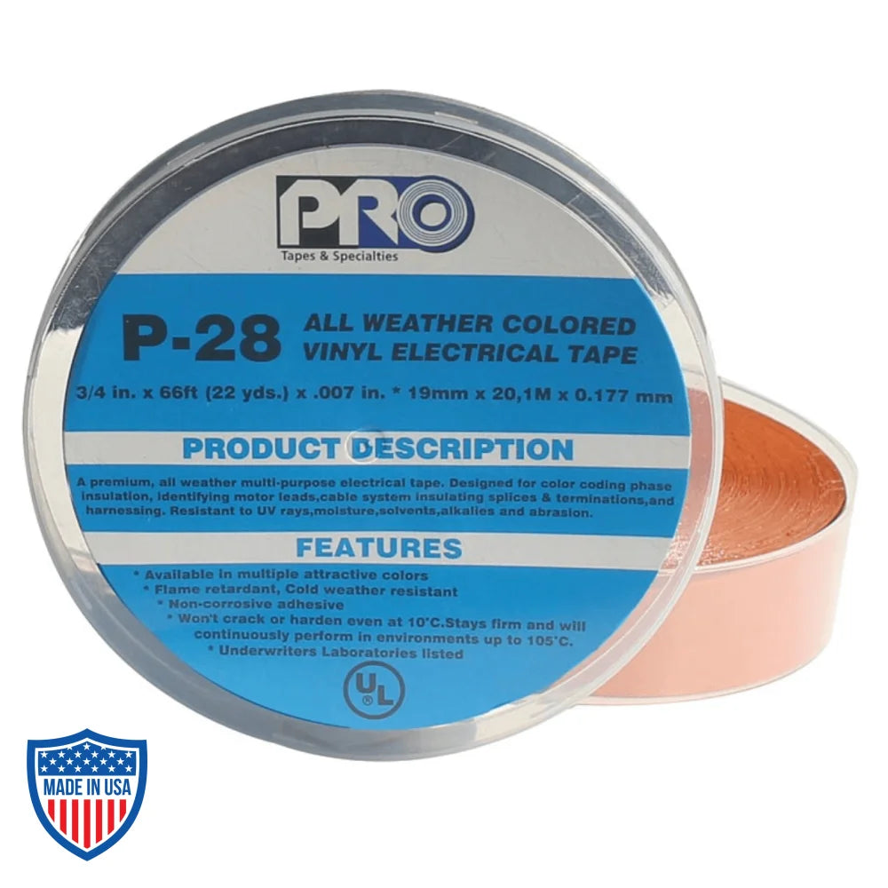 PRO® P-28 All Weather Colored Vinyl Electrical Tape packaging showing product description and features, including chemical resistance.