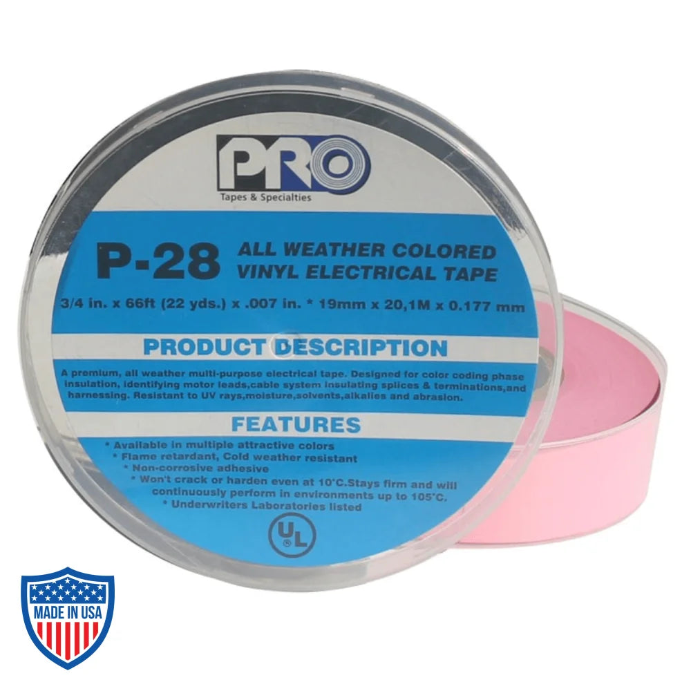 PRO® P-28 Boxed Electrical Tape in vinyl plastic, ideal for film grip, rigging, color coding, binding, harnessing, and industrial use.