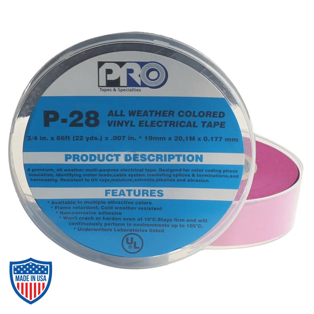 PRO® P-28 vinyl electrical tape in box for grip, rigging, film applications, chemical and solvent resistant, outdoor use