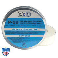 Pro P-28 boxed all-weather vinyl electrical tape for film, grip, and rigging uses. Features chemical, solvent resistance, outdoor use.
