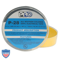 PRO® P-28 vinyl electrical tape in box, ideal for film grip rigging and wire insulation with good chemical and solvent resistance.