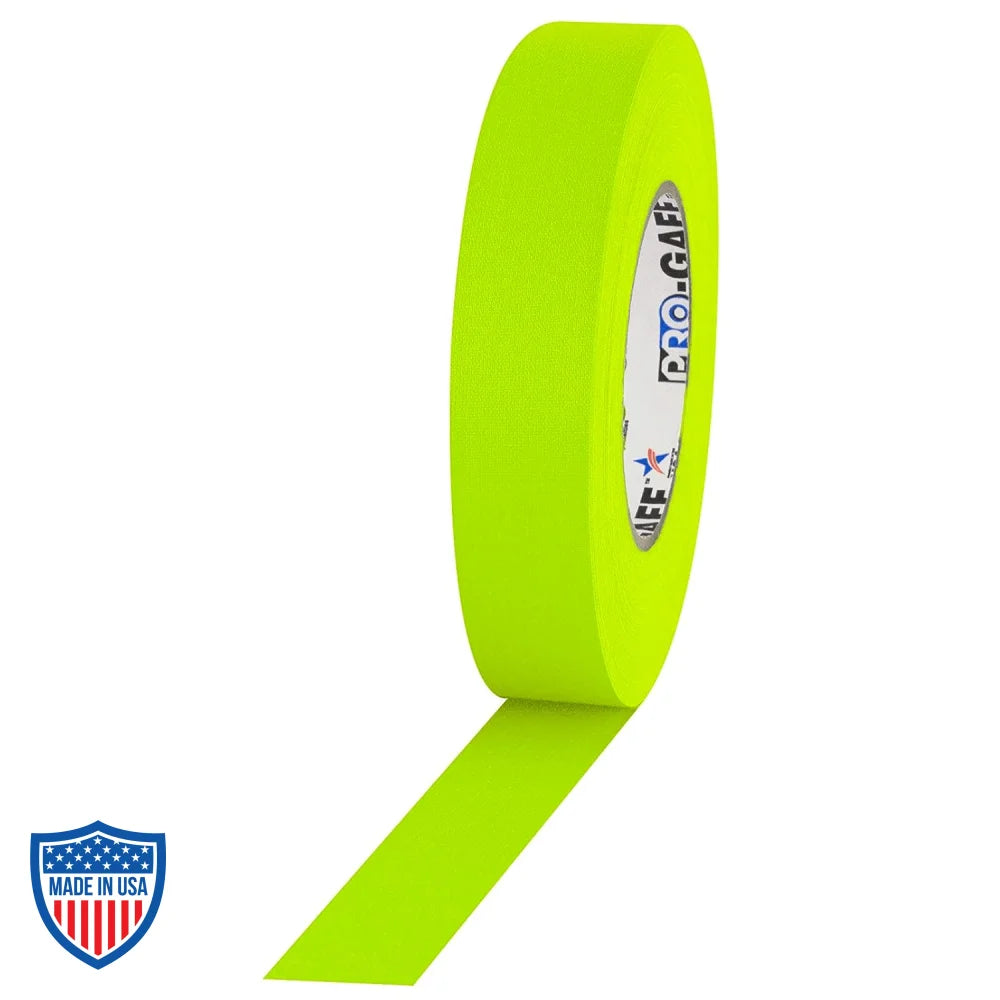 Pro Tapes® 1" neon green gaff tape for film grip and rigging jobs, high visibility, matte cloth, rubber adhesive system