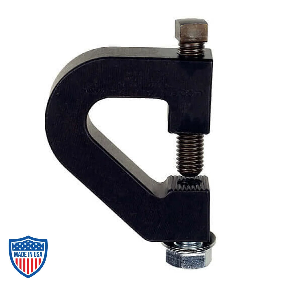 Purlin clamp with square head set screw and hex head bolt for film grip and rigging on bar joists, purlins, and I-beams.