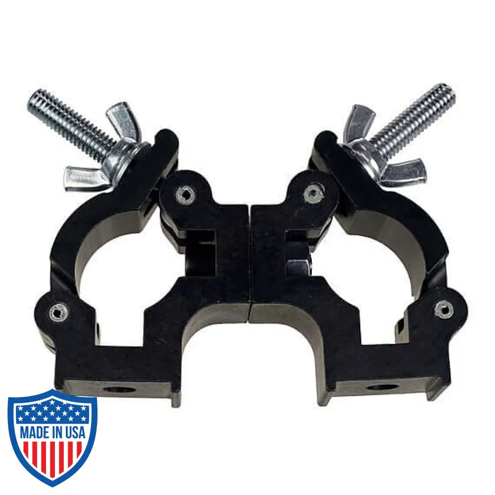 Quad Coupler 1-1/2-inch Swivel for film grip rigging, featuring two couplers bolted together, suitable for 1-1/4" to 1-1/2" OD tubes.