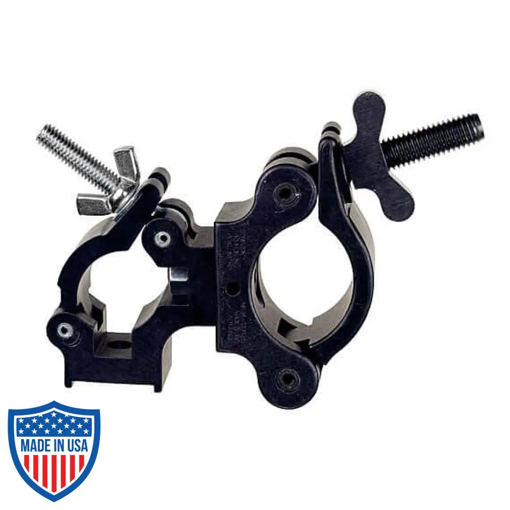 Quad Coupler 1-1/2-inch swivel to Mega-Coupler for film grip rigging, connecting 2” trussing to junior 1.375” or 1-1/2” trussing