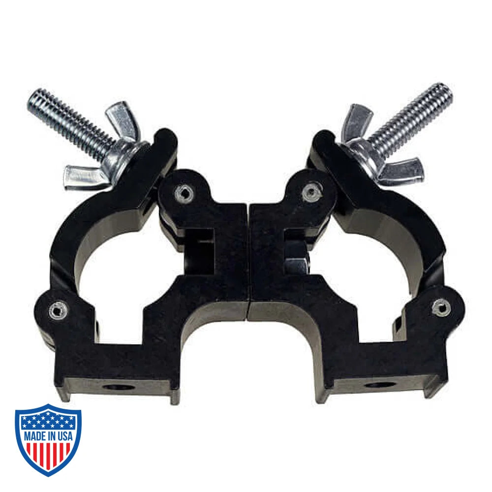 Quad Coupler 1-1/2" Swivel for film grip rigging, featuring two couplers bolted together, suitable for 1-1/4" to 1-1/2" OD tubes.
